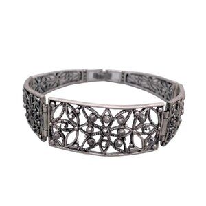 Filigree Hinged Bracelet Silver Tone Fold Over Clasp